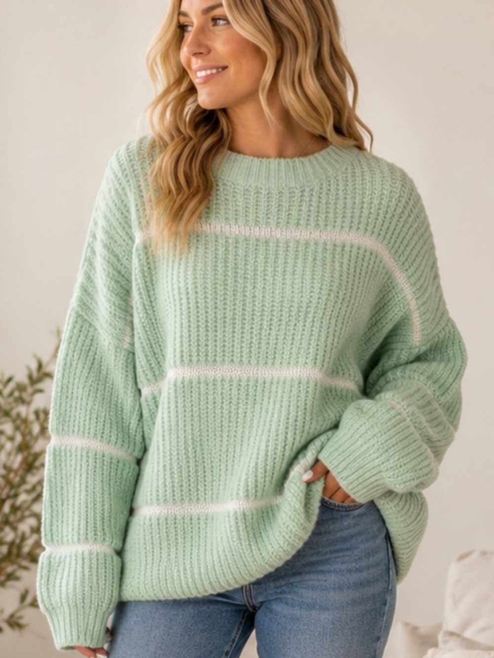 Lumiere Mint Green Striped Oversized Rib Knit Sweater NWT Medium